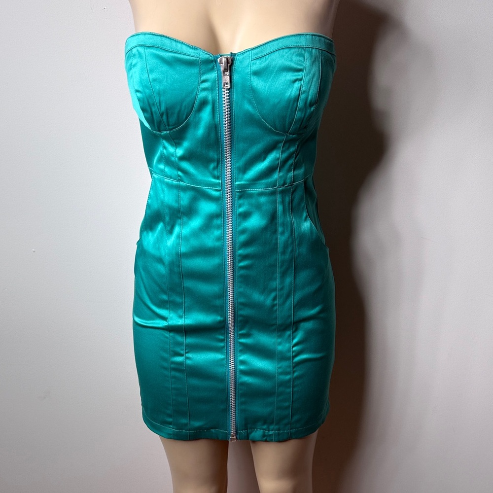 Love Tease Strapless Teal Zip-Front Bodycon Mini Dress